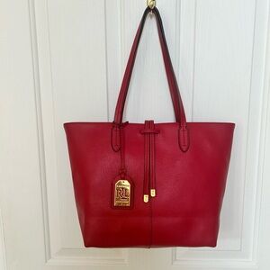 NWOT LAUREN RALPH LAUREN TATE SHOPPER, Real Leather Women Tote Bag, Red, Medium